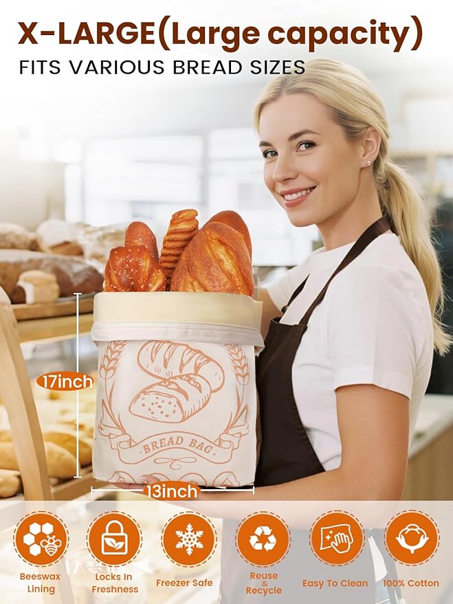 2 Pack Beeswax Bread Bags with Zipper, XL(13x17in) Sourdough Bread Storage for Homemade, Freezer Storage Bag to Keep Fresh, Cotton Beeswax Container, Baguette Bag with Liner, Kitchen Baking Supplies