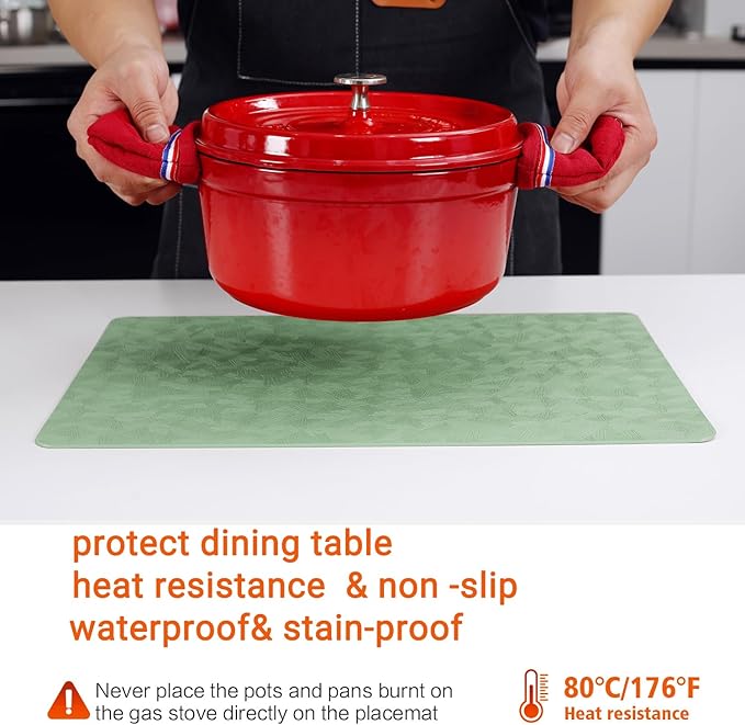 Bxzandya Vinyl Placemats Set of 4 Heat Resistant Easy Clean Non-Slip Place Mats for Dining Table Faux Leather Waterproof Stain Resistant Wipeable Washable PVC Table Mats(4, Green)