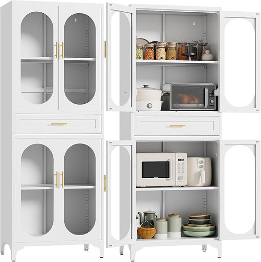75" Tall Kitchen Pantry Cabinet,Metal Storage Cabinets with 4 Glass Doors and 1 Drawer,Freestanding Display Cupboard for Dining Room,Living Room,Hallway,Bathroom,White