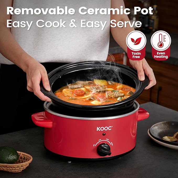 KOOC 4-Quart Slow Cooker, 3 Cooking Settings, Dishwasher Safe Ceramic Crock, Lid, Free Pot Liners Included, RED, Ellipse Pot
