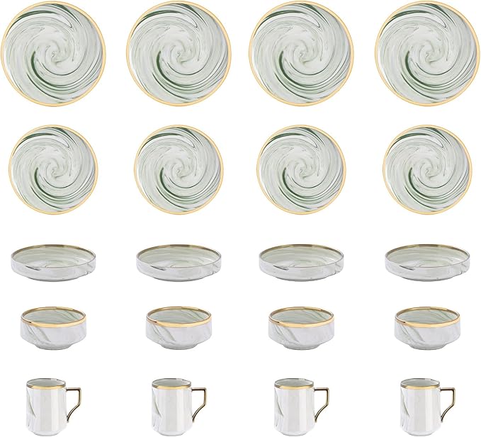 Fine China Artisan Marbled 20pc Dinner Set, Green with Gold Line