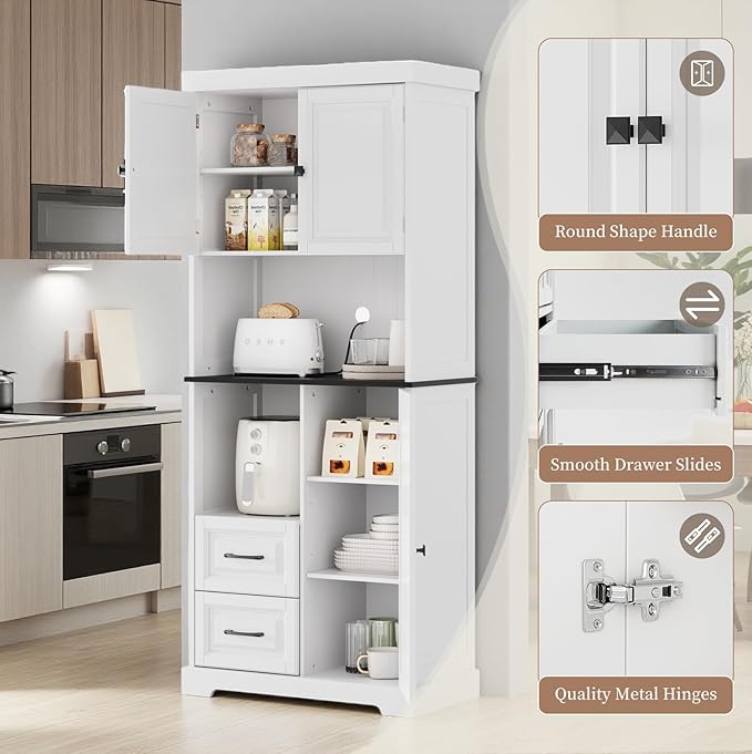 71" Tall Kitchen Pantry Cabinet, White Wooden Storage Cabinet with Drawers & Wire Hole & Adjustable Shelves & Anti-Tip Device, Multipurpose Pantry Cabinets for Kitchen Bathroom Living Room