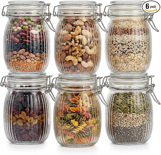 25oz Airtight Glass Jars with Lids, Set of 6 Food Storage Containers & Canisters, Clear Mason Jars with Clamp Seal for Canning, Cereal, Coffee, Pasta, Sugar, Beans & Spices
