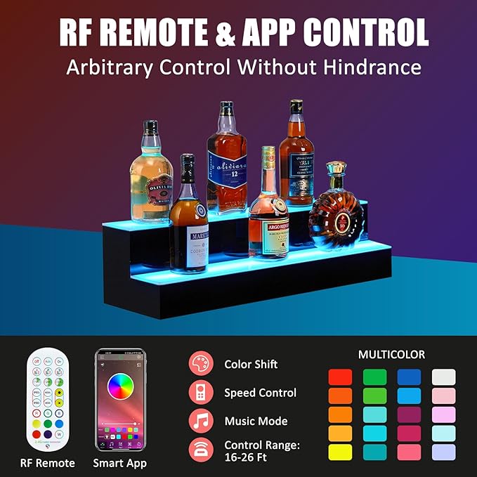 30 Inch Rectangular 2-Tier LED Lighted Liquor Bottle Display Shelf - Acrylic Wine Rack with Remote & App Control, 16 Static Colors, 1-8H Timer, USB Power, for Home Bar, Commercial Use