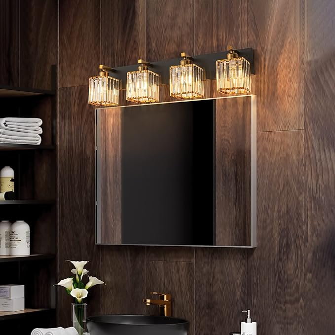 Modern Bathroom Vanity Light 4-Lights Black Gold Crystal Bathroom Wall Light Vanity Light Fixturesï¼?8.34-inch Modern Minimalist Design