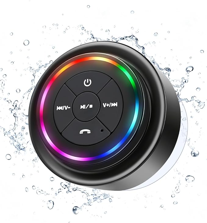 Shower Speaker Bluetooth Waterproof, Mini Portable Wireless Speaker with LED Lights, Suction Cup, Floating,Crystal Sound, for Bathroom Travel Beach Pool, Ideal Electronic Gifts