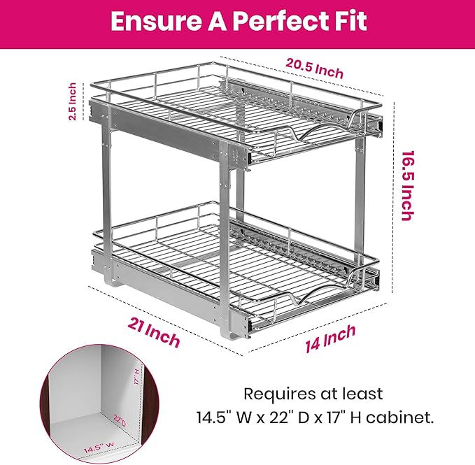 HOLDN??STORAGE Two Tier Pull Out Cabinet Organizer, Individual Sliding Drawers - Heavy Duty Metal with Lifetime Limited Warranty - Anti Rust Chrome Finish - 14" W x 21?쒭 x 16.5" H