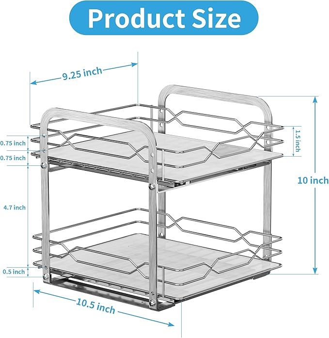 Pull Out Spice Rack, 2 Tier Spice Organization for Cabinet, Heavy Duty Spice Rack, 9-1/4 inch Wide - Spice Racks for Inside Cabinets, Kitchen, Pantry - Chrome, 9.25?쓂 x 10.39?쒭 x 9.76?쒱