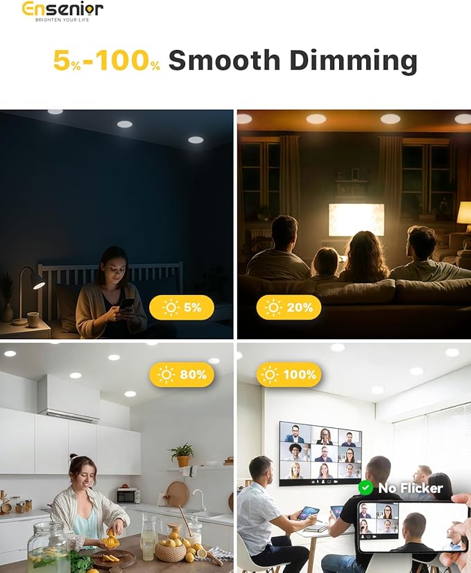 Ensenior 4 Pack 4 Inch LED Recessed Light, Dimmable, 2700K-5000K 5CCT, 750LM High Brightness, 9W 120V, Damp Rated, Ultra-Thin Canless Wafer Ceiling Light - ETL & FCC & IC