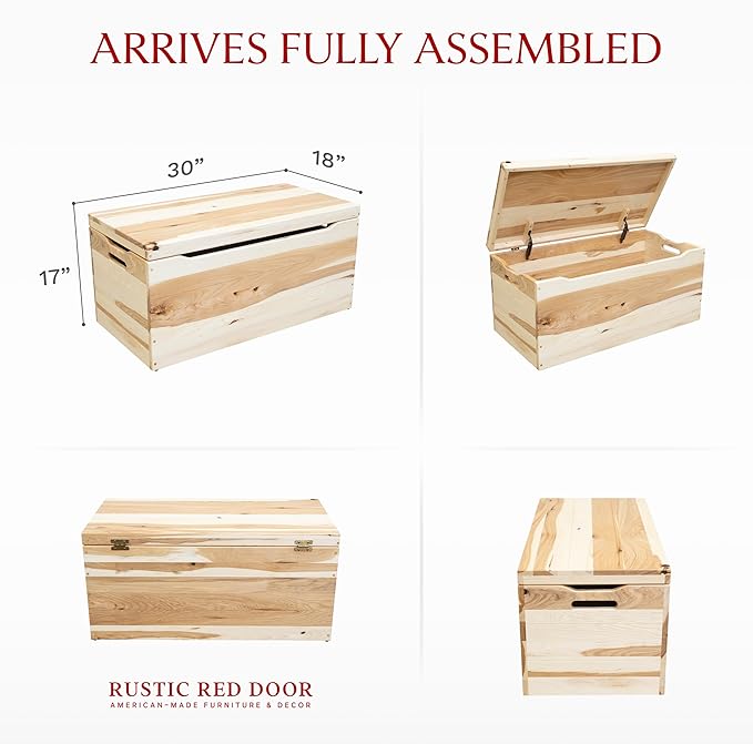 Hope Woodworking Amish Made Wooden Storage Chest Trunk Box with Lid and Handles for Bedroolanket, Clothes, Anti-Slam Hinges, Handmade, Rustic Hickory Wood, Natural Stain, 30"