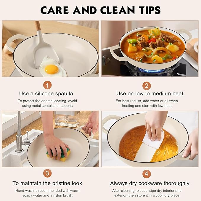 Overmont Enameled Cast Iron Dutch Oven - 3.8 Quart Dutch Oven Pot with Lid - Shallow Cookware Braising Pan - Cast iron Casserole with Cookbook & Heat-resistant Caps - Oven Safe up to 500째 F