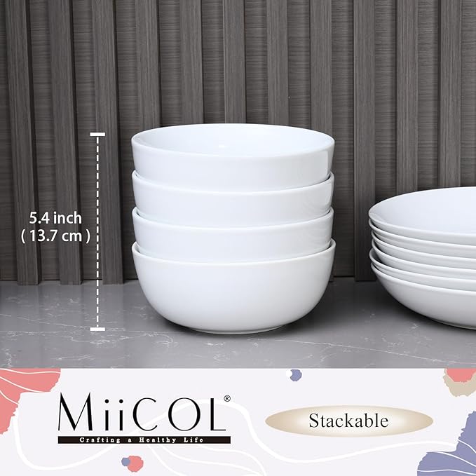 Miicol White Cereal Bowls 20 oz, Ceramic Soup Bowls Set of 4, Breakfast Bowl 6 inch, Kitchen Bowl for Pasta, Salad, Ramen, Oatmeal, Microwave and Dishwasher Safe