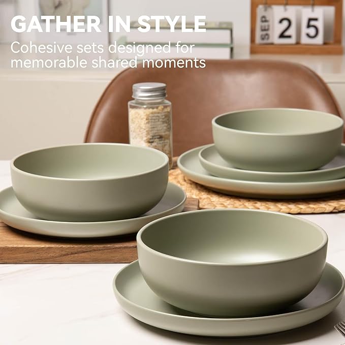 Furrnook 12-Piece Stoneware Dinnerware Set with Mugs | Microwave and Dishwasher Friendly | Stackable Matte Glaze Plates & Bowls | Service for 4