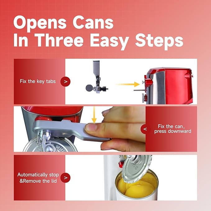 Davivy Electric Can Opener, One Touch Lid Opening, Removable Stainless Steel Cutter and 3-in-1 Design, with Sharpener and Bottle Opener (Stainless Steel-Red)