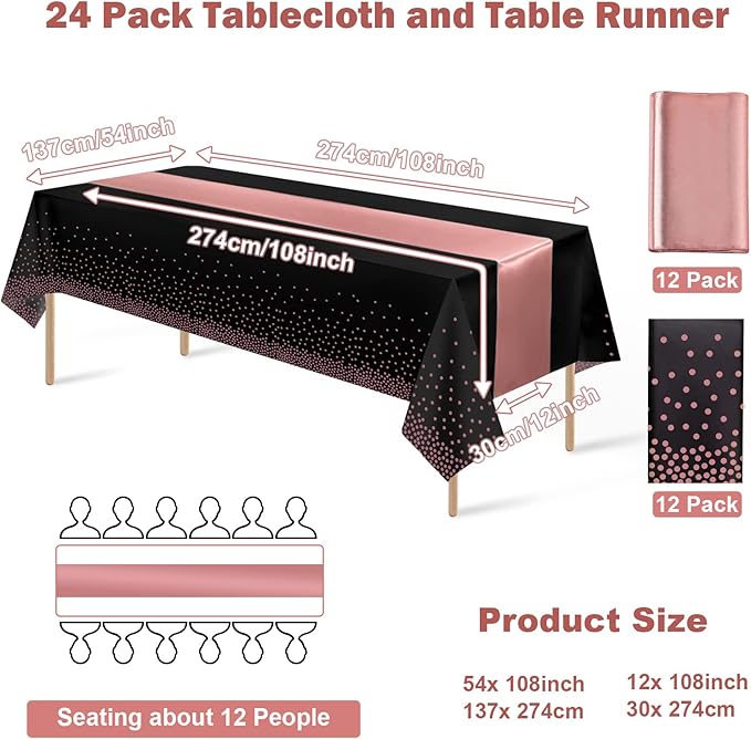 24Pack Disposable Plastic Tablecloth and Satin Table Runner Black and Rose Gold Dot Tablecloth Rose Gold Satin Table Runner for Wedding Birthday Baby Shower Anniversary Christmas New Year Party Supply