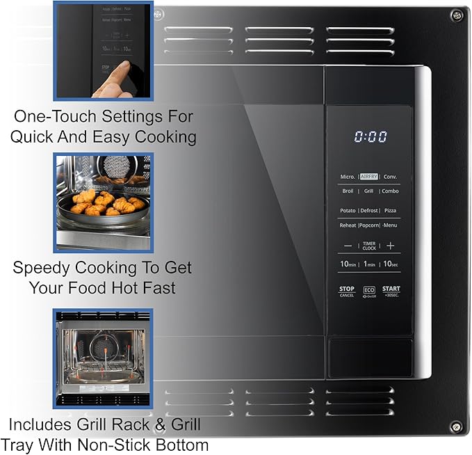 RecPro RV Kitchen Air Fryer & Convection Microwave with Trim Kit | 1.0 Cu. Ft. | 120V | 6 Cooking Modes (Black)