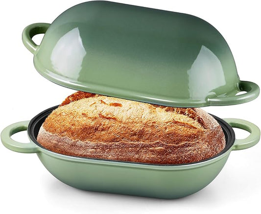 Onader Enameled Cast Iron Dutch Oven, 2.8QT Dutch Oven Pot with Lid for Sourdough Bread Baking, Oval Meatloaf Pan, Heavy Duty - Pistachio Green