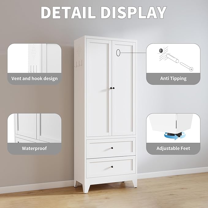 Metal Pantry Cabinet, 72 inch Tall Kitchen Pantry Cabinet, Pantry Storage Cabinet with 2 Adjustable Shelves, 2 Drawers, Utility Cupboard for Kitchen Dining Room Living Room Bathroom, White