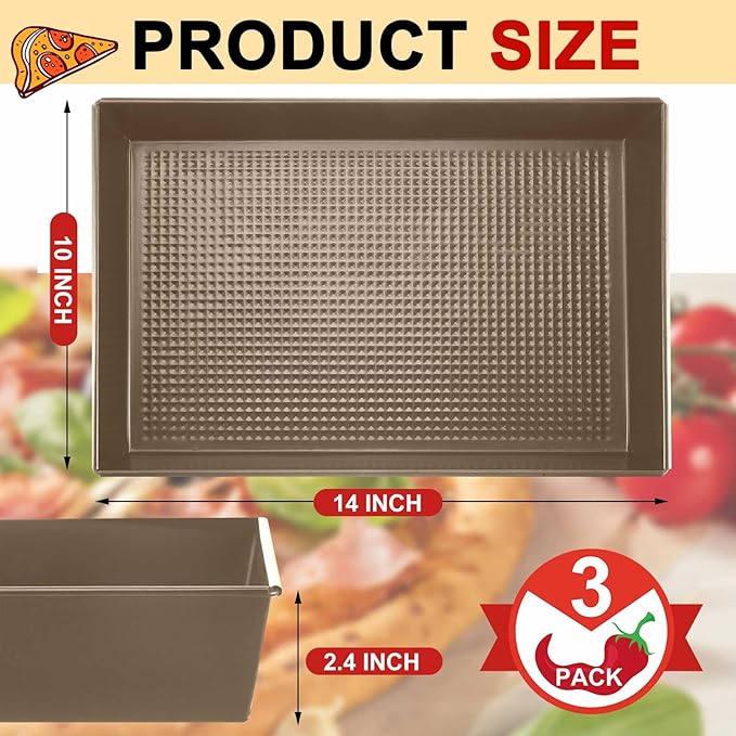 RimCereal 3 Pcs 10 x 14 x 2.36 in Detroit Style Pizza Pan Hard Rectangular Deep Pizza Pans Non Stick Sicilian Style Pan Dish Pre Seasoned Bakeware Kitchenware(Gold)