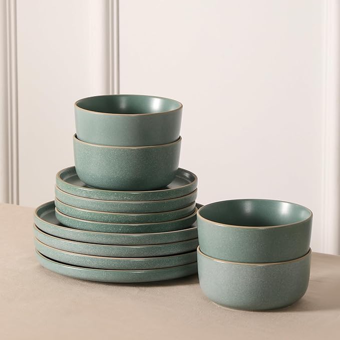 Earth & Clay Amber 24-Piece Dinnerware Set Stoneware, Dishwasher and Microwave Safe Plates and Bowls Set, Dish Set for 8, Green