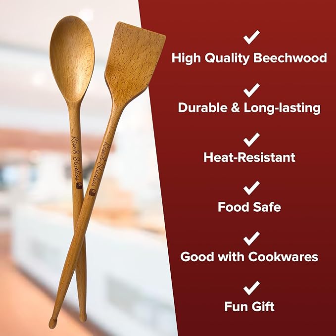 Drumstick Kitchen Utensils (2-Pc Set) - Beechwood Wooden Spoons, Drumstick Cooking Utensil Set, Funny Kitchen Gadgets, Unique Gifts for Drummers, Musicians, Men, Women