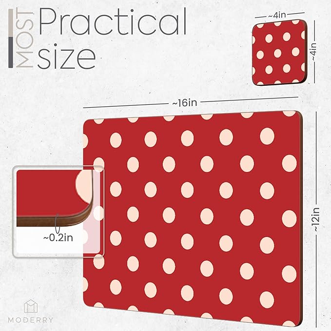 Moderry Set of 4 Heat Resistant Cork Placemats for Dining Table with Free Set of 4 Matching Drink Coasters Cream & Red Polkadot Design 16 x 12 Inches Cork Backed Hard Placemats (Red Polkadot)