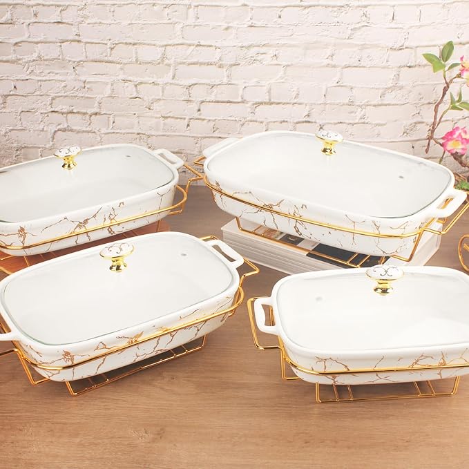 10" x 6" Ceramic Casserole Dish with Glass Lid and rack, 30 oz Serving Soup Tureen,Chafing Dish for Buffet, Family Food preserve Tray, Catering Casserole for Party Style