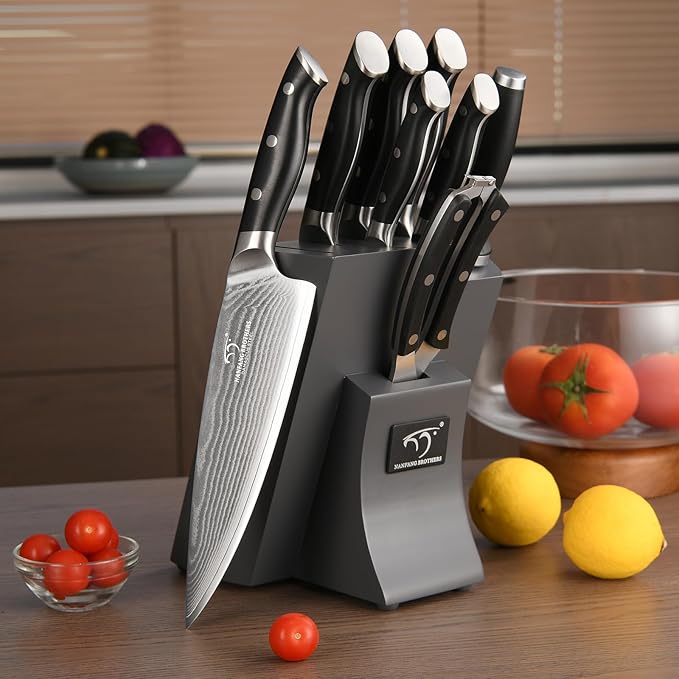 NANFANG BROTHERS Damascus Kitchen Knife Set with Block, 9 Pieces, ABS Ergonomic Handle, Knife Sharpener, Kitchen Shears
