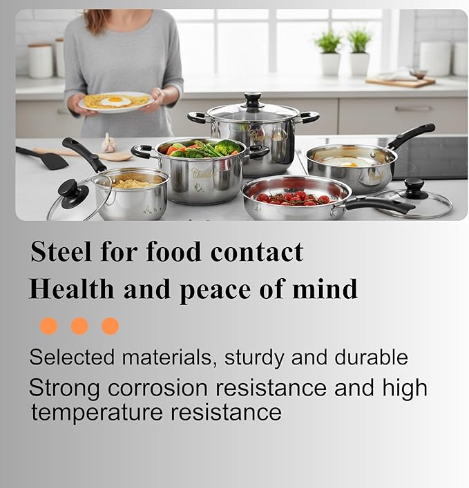 Chandler Stainless Steel Cookware Set, 13-piece Pots and Pans with Tempered Glass Lid - Cooking Set with Deep Pans, Saucepans & Pots Compatible for Family Meals (13-Pieces Stainless Steel)