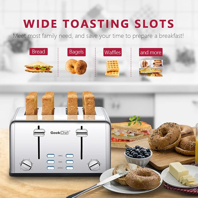 Toaster 4 Slice, Geek Chef Stainless Steel Toaster with Extra Wide Slotsï¼? Slot Toaster with Bagel/Defrost/Cancel Function, Dual Control Panel of 6 Toasting Bread Shade Settings, Removable Crumb Trays, High Lift Lever, ETL