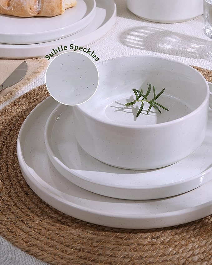 Famiware Nebula Dinnerware Sets with Mugs, Service for 6 (24 Pieces), Fine Stoneware Plates and Bowls Sets, Microwave and Dishwasher Safe Dishes Set, White