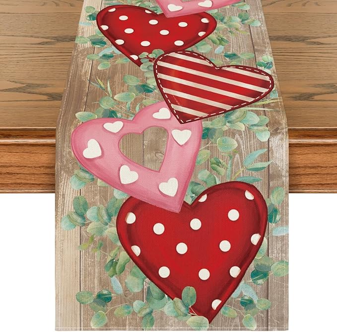 Artoid Mode Wood Love Hearts Valentine's Table Runner, Anniversary HoliKitchen Dining Table Decoration for Home Party Decor 13x72 Inch