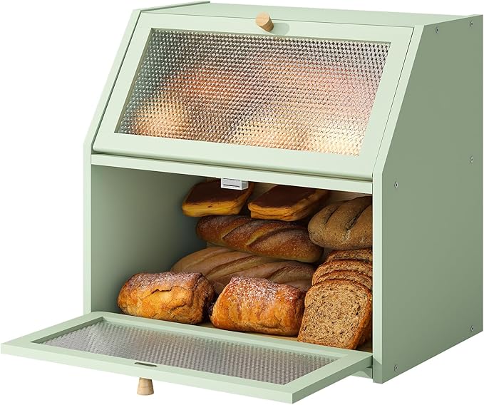 Bread Box for Kitchen Countertop Bin Double Layer Bread Box Storage Container Extra Large Capacity Farmhouse with Diamond Pattern Windows (Green, Extra Large)