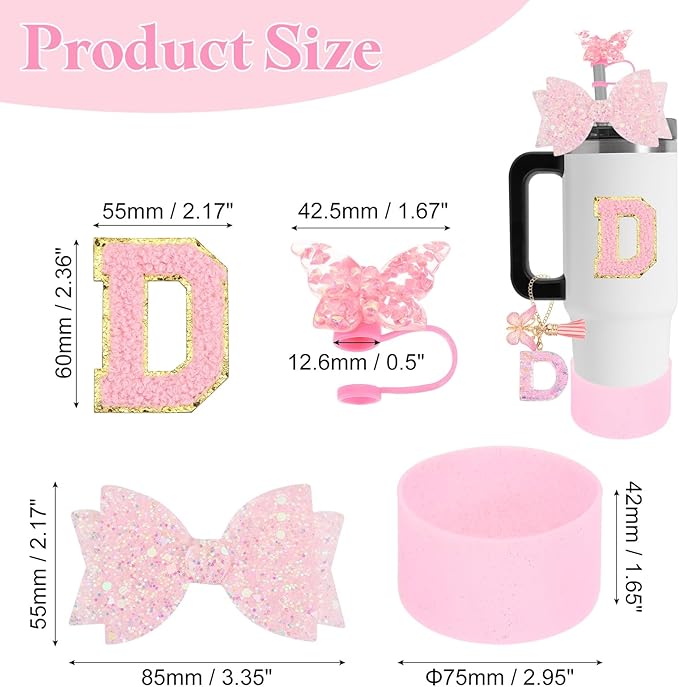 uxcell 8Pcs Cup Accessories Set for Cup Tumbler with Handle, Including Silicone Straw Cover, Boot, Spill Proof Stopper, Handle Charm, Initials Sticker(Letter D, Pink)