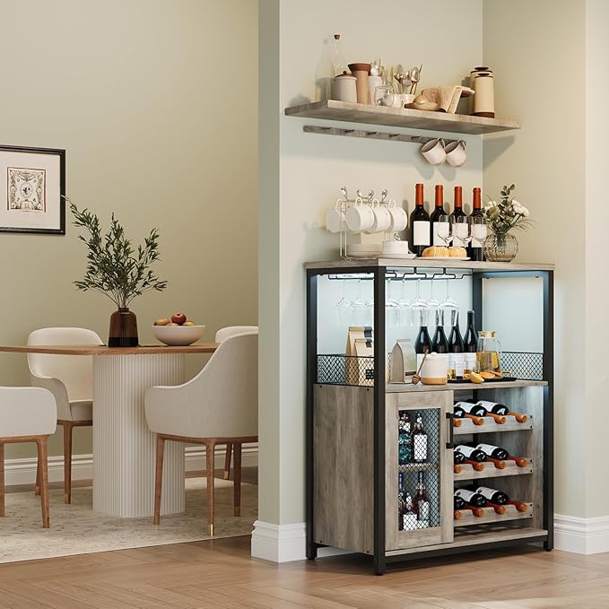 Vintage Industrial Wine Bar Cabinet with Adjustable Wine Racks and Glass Holders, Mesh Door Sideboard Storage Cabinet for Living Room, Kitchen, Dining Room, Compact Design, Easy Assembly,Gray