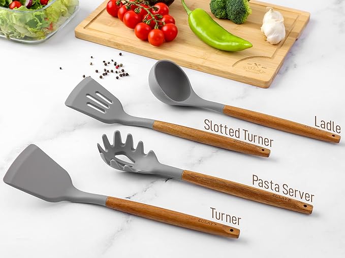 Zulay Kitchen Utensils Set Non-Stick Silicone Cooking Utensils Set with Authentic Acacia Wood Handles - 8 Piece Set - Silicone Kitchen Utensils Set with 464째F Heat Resistance - Gray