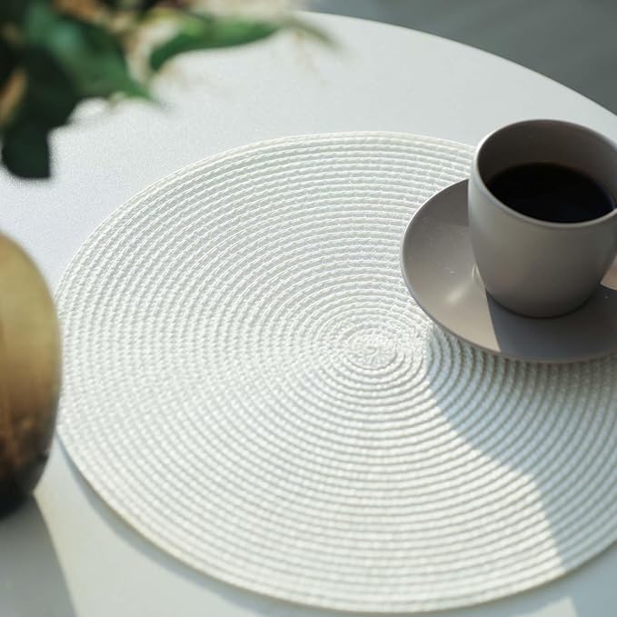 FunWheat Round Braided Placemats Set of 4 Place Mats for Dining Tables Woven Washable Non-Slip Table mats Small 13 inch(S White, 4pcs)