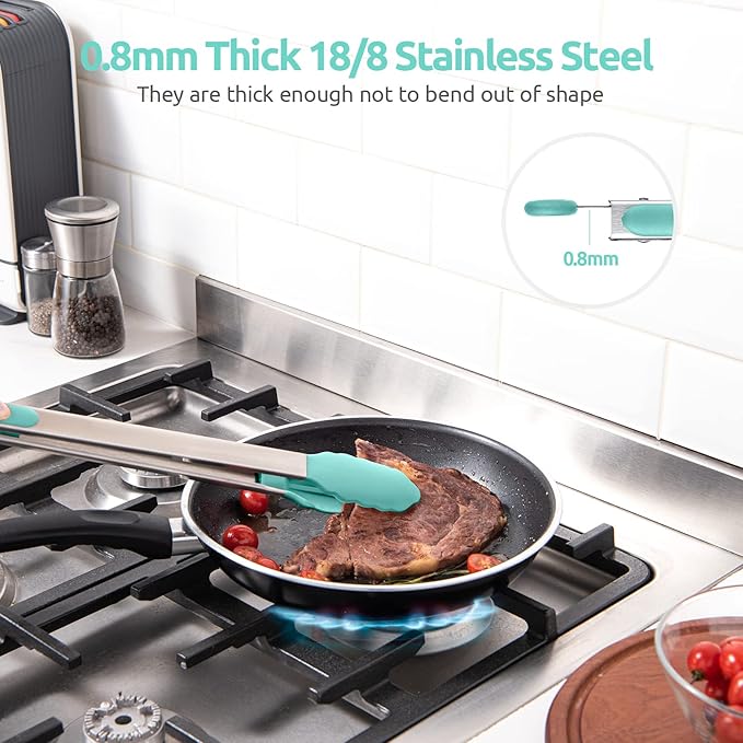 600쨘F Heat Resistant Kitchen Tongs: U-Taste 16 in Extra Long Large Silicone Cooking Tong with Sturdy Non Stick Rubber Tips & Non Slip Silicon Coated 18/8 Stainless Steel Handle for Grill BBQ(Aqua Sky)