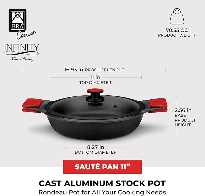 BRA COOKWARE Infinity Dual-Handled Saut챕 Pan w/Glass Lid | 11-Inch 2.95-Quart Shallow Stock Pot | Nonstick Cast Aluminum Everyday Chef Pan | PFAS Free Rondeau Pot | All Cooktops incl. Induction