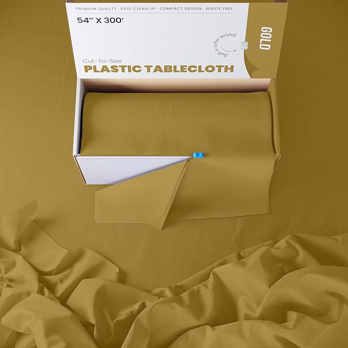 Party Solids 54 Inch X 300 Feet Gold Plastic Table Cover Roll in A Cut - to - Size Box with Convenient Slide Cutter. Cuts Up to 36 Rectangle 8 Feet Plastic Disposable Tablecloths