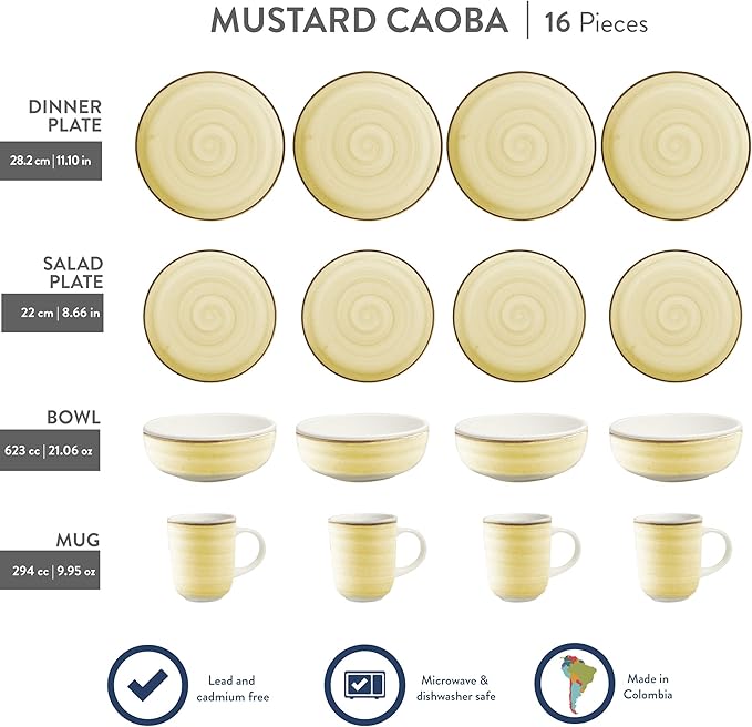 Corona 16 ?뱎iece Yellow Hand-painted Vintage Style Ceramic Dinnerware Sets, Plates, Bowls and Mugs, Service For 4, Mustard Caoba