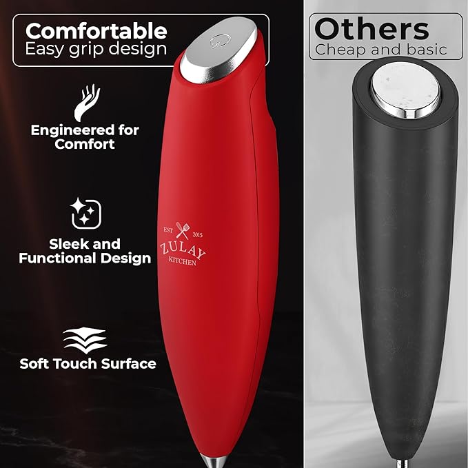 Zulay Kitchen Patented Tornado Triple Whisk Milk Frother with 4 Duracell Batteries ??Handheld Foam Maker for Coffee, Lattes, Matcha & Hot Chocolate ??Rich, Creamy Froth in Seconds