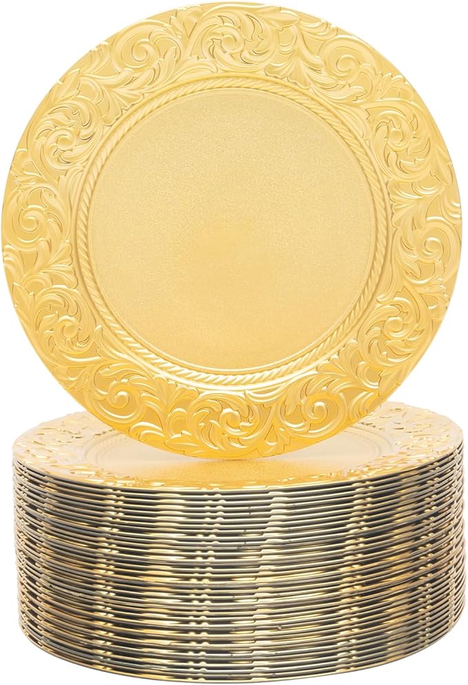 100pcs Gold Charger Plates, 13" Round Reusable Decorative Flower Relief Carving Bulk Chargers for Dinner Plates, Wedding, Bridal Shower