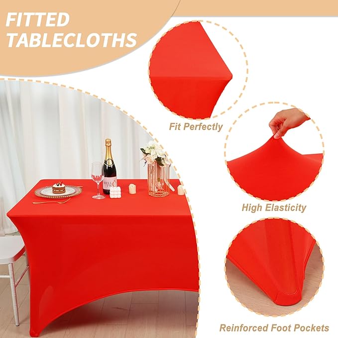 Fixwal 6FT Red Valentine's Day Table Cloth Rectangle Tables, 6 Pack Spandex Table Cloths for 6 Foot Rectangle Tables, Fitted Rectangular Stretch, Washable Patio Table Cover (72Lx30Wx30H Inch)