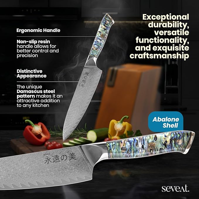 Damascus Kitchen Knife Set, 67-Layer Damascus Steel, Professional Chef Knives Set for Kitchen, Ergonomic Wood & Resin Handle (Blue, 9 pieces with Wooden Block)