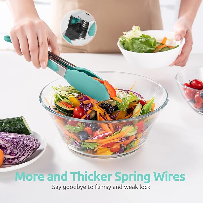 600쨘F Heat Resistant Kitchen Tongs: U-Taste 9 inch Silicone Cooking Tong with Firm Sealed Non Stick Rubber Tips & Silicon Coated 18/8 Stainless Steel Handle & Smooth Locking for Serving Salad-Aqua Sky