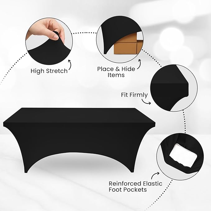 Utopia Kitchen 6FT Spandex Tablecloth [10 Pack, Black] 200 GSM Stretch, Fitted, Washable and Wrinkle Resistant Table Cloth Rectangle Cover for Trade Shows, Wedding, Parties [72Lx30Wx30H Inch]