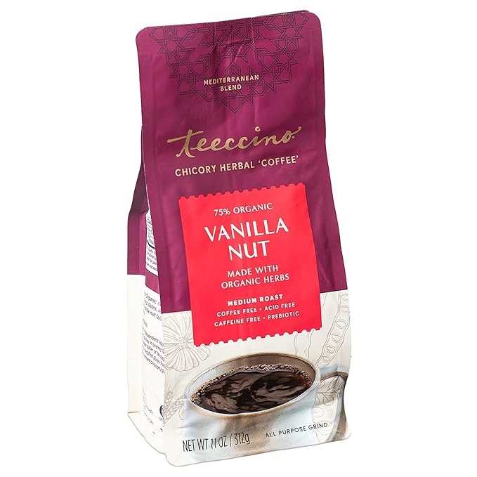 Teeccino Vanilla Nut Chicory Coffee Alternative - 11 Ounce - Ground Herbal Coffee That?™s Prebiotic, Caffeine Free & Acid Free, Medium Roast