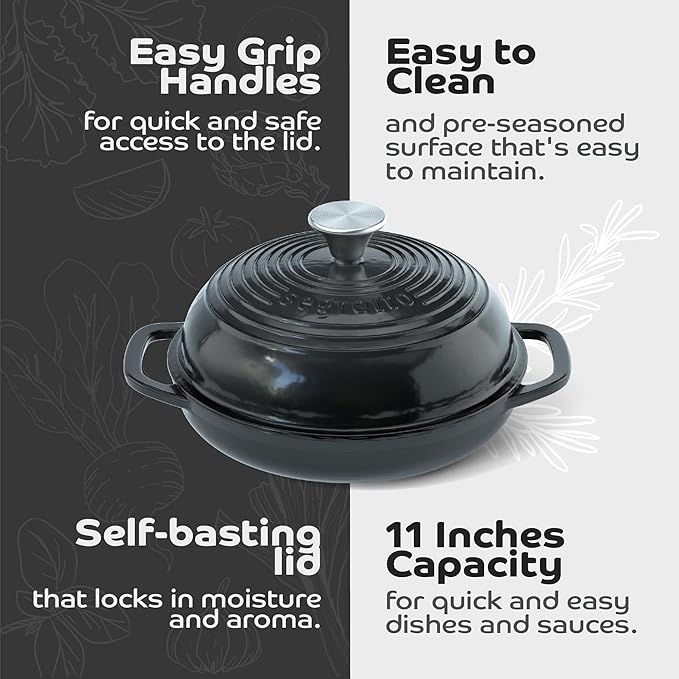 Enameled Cast Iron Bread Pan with Lid, 11??Nero (Black) Bread Oven Cast Iron Sourdough Baking Pan, Dutch Oven for Bread - Segretto Cookware