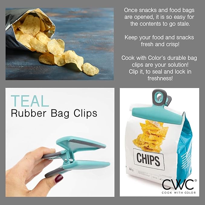 COOK WITH COLOR Wide Heavy Duty Chip Clips, Large Bag Clips for Food Storage with Air Tight Seal Grip, Pack of 8, Teal